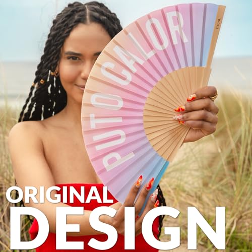 Fisura – Original folding fan with message P*to calor, gradient wooden handheld fan for women, perfect for rave, party, wedding, birthday, gift or summer decoration - color: Calor, Gradient