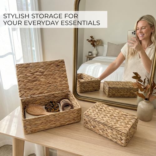 Decorative Storage Boxes with Lids - Set of 2 Wicker Organizer Shelf Bins