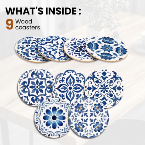 ANATTASOUL Blue Spanish Pattern Wooden Coasters Set of 9 Bulk(3.9") - style: Blue Spanish Pattern