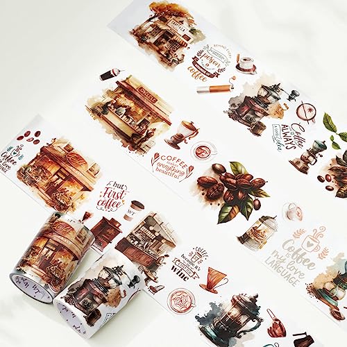 WT Caffeine Canvas Wide Washi Tape, Single Roll, Original Designs, Watercolor Vintage Cafe Paper Tape, Coffee Theme for Journals, Scrapbooks, Bujo Planners, DIY Crafts Supplies - color: WT Caffeine Canvas Wide Washi Tape