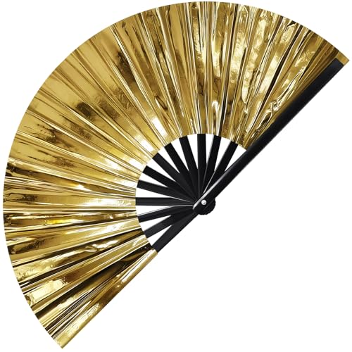 Vercraft 13" Folding Hand Fan Glitter Clack Rave Dancing,Gold,Laser - color: Gold, style: Laser