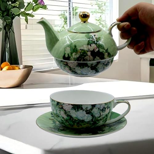 Porcelain 13 OZ Tea for One Teapot and Cup Set Vintage Floral Ceramic Tea Set European Style Tea pot and Saucer Set (White Roses) - color: White Roses