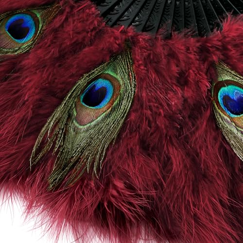 BABEYOND 1920s Marabou Feather Folding Hand Fan Vintage Wedding Party Decor - color: Peacock Dark Red