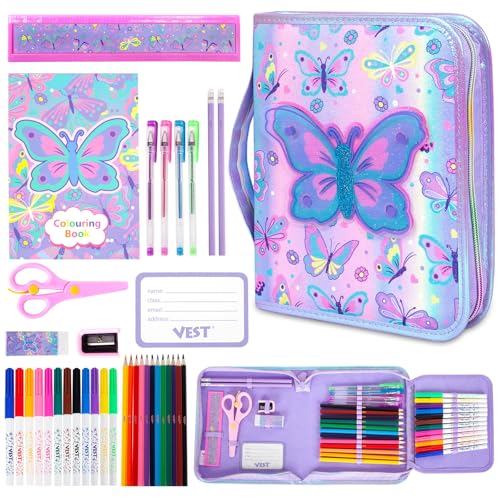 YOYTOO Washable Markers Set with Glitter Pencil Case, Art Supplies for Kids Ages 4-6-8, Arts Crafts Travel Coloring Kit for Girls 4 5 6 7 8 Year Old Birthday Gifts - color: Butterfly