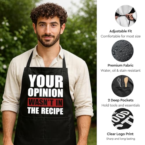 Funny Black Grill Apron with Pockets for Man,Dad,Husband,Father in Law,Chef Daddy Grilling Apron BBQ Cooking Gifts - color: Opinion Wasn't in Recipe