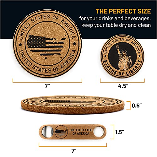 Cork Coasters for Drinks, Absorbent, 14 Piece Set, USA Landmarks