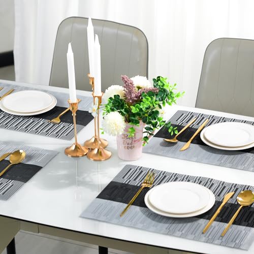 Placemats Set of 6，Non-Slip PVC Weave Table Mats Easy to Clean，Heat Resistant Place Mats for Kitchen Dining Table Decoration Indoor Outdoor，Black Gray - color: Black Gray