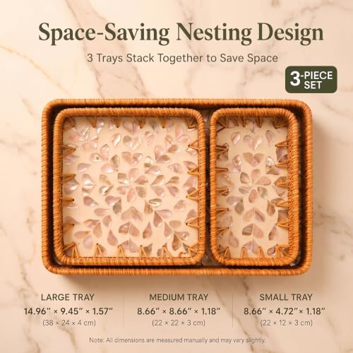 Handwoven Rattan Tray Set of 3 with Mother of Pearl Pink Petal Inlay - color: Pink Petal
