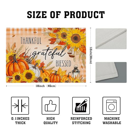 Giwawa Fall Autumn Placemats, Thanksgiving Pumpkin Sunflower Thankful Grateful Blessed Linen Place Table Mats Washable Stain Resistance for Kitchen Dining Tabletop Decor, Set of 4, 12x18Inch - color: Fall Thankful