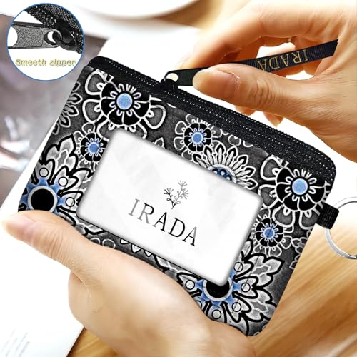IRADA ID Case Wallet Keychain with Clear ID Window Zipper Cute Coin Purse for Women Water Resistant Small Coin Pouch-Vintage Boho Grey Keychain Wallet - color: Vintage Boho-Grey-Keychain Wallet