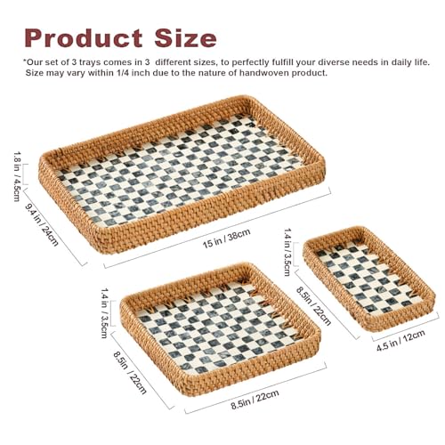 Set of 3 Rattan Serving Trays with Mother of Pearl, Terrekraft - color: Checkerboard