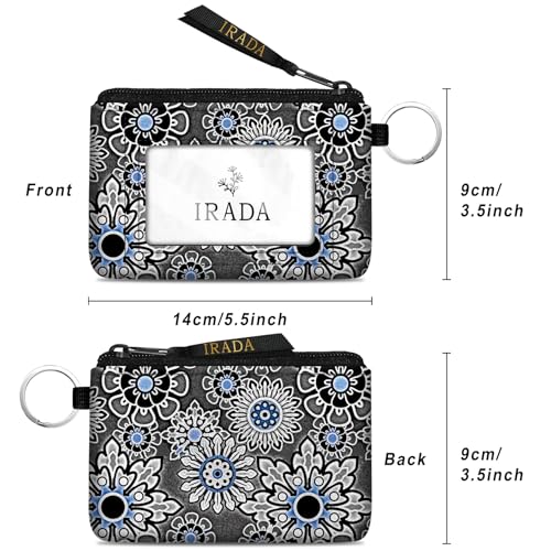 IRADA ID Case Wallet Keychain with Clear ID Window Zipper Cute Coin Purse for Women Water Resistant Small Coin Pouch-Vintage Boho Grey Keychain Wallet - color: Vintage Boho-Grey-Keychain Wallet