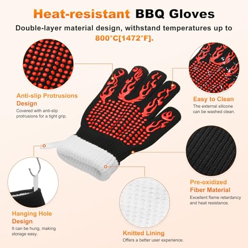 M METERXITY 1-Pair BBQ Gloves, 1472°F Heat Resistant Non-Slip Grilling Oven Gloves for Barbecue/Baking/Cooking, with Storage Bag [Flame Pattern L, Red] - color: Red