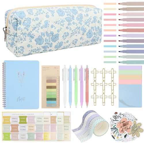 Bible Study Supplies Journaling Kit with Pen Cas, Tabs, Notebook and No Bleed Highlighter, Aesthetic Book Annotation Kit, Christian Gifts for Women Grils Friends（Blue Flower） - color: Blue Flower