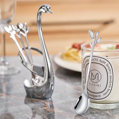AnSaw Silver Swan Base Holder Set with 10 Pcs 4.7" Mini Leaf Spoon & Fork - color: Silver Swan
