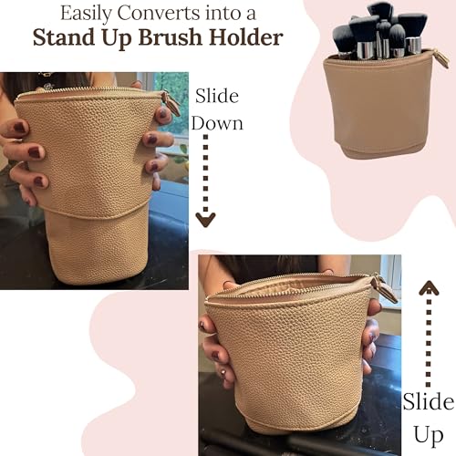 JAZD Convertible Travel Makeup Brush Bag, Stand-Up Brush Holder Pouch For Easy Access, Cosmetic Case Organizer (BEIGE) - color: BEIGE