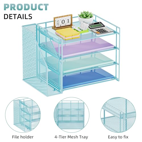 Marbrasse 4-Tier Paper Tray Organizer with File Holder, Blue - color: Blue