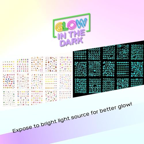 Okiyomi Glow in the Dark Nail Stickers for Kids, 15 Sheets, 735 Decals - color: 3d Set of 15