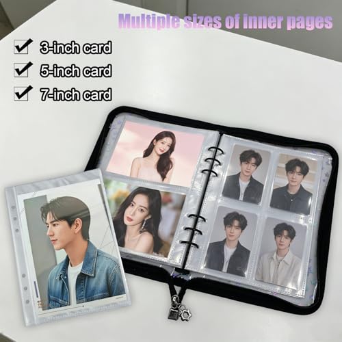 A5 Kpop Photocard Binder Holder with 50 Sheets Double Sided Sleeves for Polaroid Instax Mini Photo Album Zip Book Game Trading Sports Baseball Card Binder 6 Ring 4 Pocket Collector (Black) - color: Black
