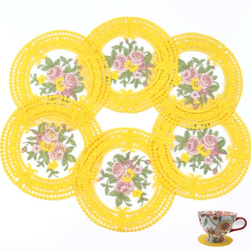 4.5'' 8pk Cloth Vintage Coasters, Small Crocheted lace doilies, Gold Embroidered Fabric Coasters for Drinks, Yellow Lace Embroidery Coasters for Tea Cup, Tabletop Photography Decoration (Golden) - color: Golden