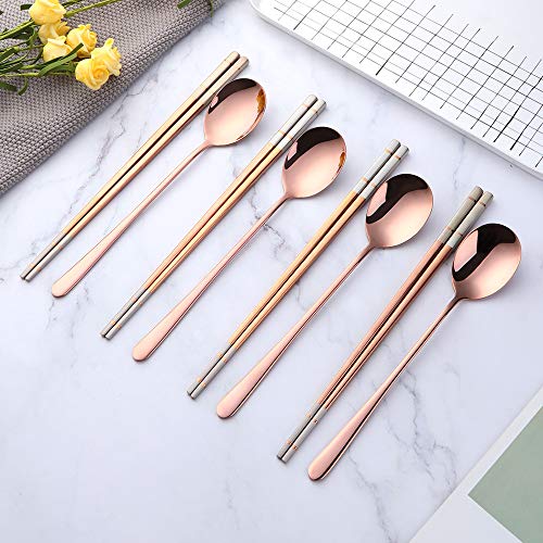Buyer Star 4 Set Rose Gold Square Chopsticks and Spoons Set Metal Stainless Steel Spoons Chopsticks Set - color: rose gold-square chopstick and spoon