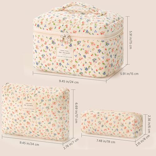 HBselect Quilted Makeup Bag, 3Pcs Cotton Large Travel Makeup Bags Organizer - color: A-3PCS-Floral 12