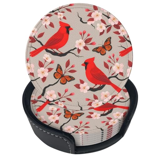 6 Pcs Leather Coasters for Drinks with Holder Birds Bloom Cherry Flowers Coaster Sets Drink Table Cup Coasters for Kitchen Coffee Decor - color: Red Birds Cherry Flowers