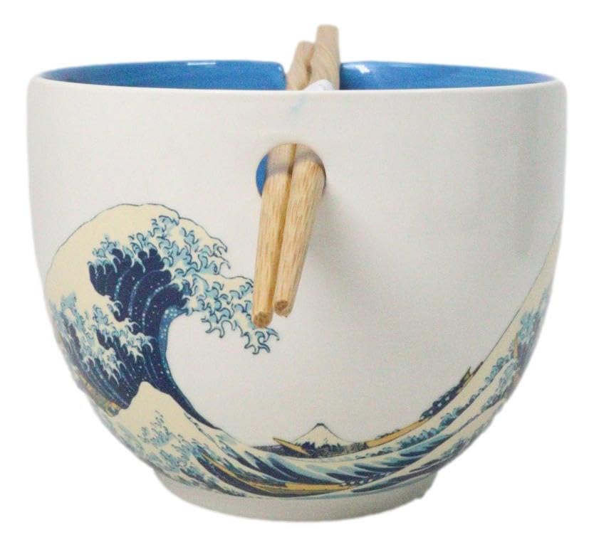 Ebros Gift Artistic Donburi Ramen Udon Noodles Soup Salad 5" D 18Oz Bowl With Bamboo Chopsticks And Built In Rest Set Asian Dining Kitchen Accent (Great Wave Of Kanagawa Hokusai) - color: Great Wave Of Kanagawa Hokusai