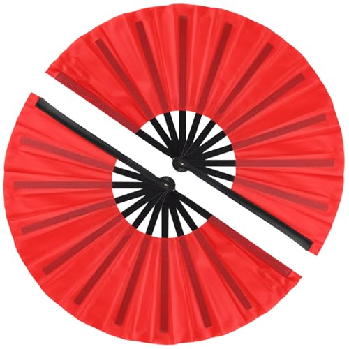 2 Pack Large Folding Hand Fan, Nylon-Cloth Vintage Retro Fabric Fans, Chinese Kung Fu Tai Chi Hand Fan for Men/Women, Festival, Dance, Gift, Performance, Decorations (Red) - color: 2 Red