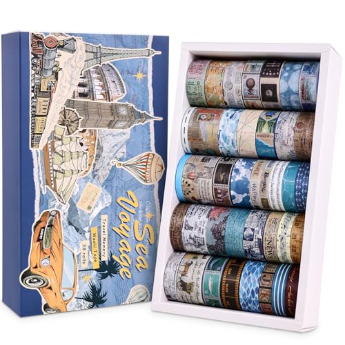 38 Rolls Vintage Washi Tape Set, Vintage Travel Stamp Map Scenery Art Letter Writable Decorative Tapes for Scrapbooking , Junk Journal Supplies, Bullet Journaling 5-25mm Wide 9.84ft long/Roll - style: Travel Memory