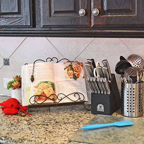 Antique Metal Kitchen Cookbook Display Stand, Recipe Book and iPad Holder, Cookery Book Easel with Weighted Chains for Gift, Rustic Dark Brown