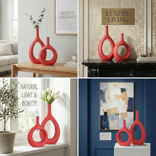 Red Ceramic Hollow Elliptical Vase Set of 2 - Boho Circle Vase with Hole, for Modern Red Table Decor, Living Room Decor Shelf mid Century Modern Home Entrance Decorative vase - color: Red