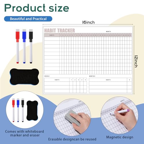 Maitys Habit Tracker 12x16" Magnetic Dry Erase Board with Markers Eraser