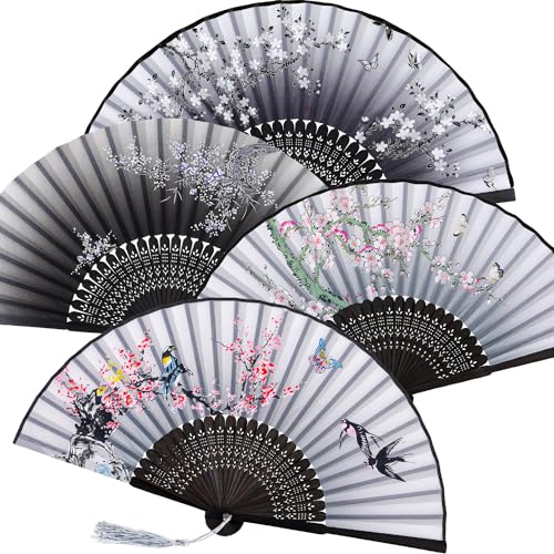 Zonon 4 Pack Hand Held Folding Fans for Women Silk,Cute - style: Cute