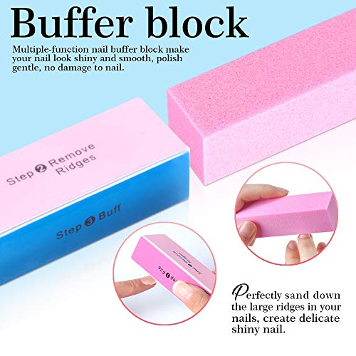 3pcs Double Sided Rectangular Nail File and Buffer, Buffer Block Sponge Polished, Nail Brush, Come with Cuticle Nipper and Pusher, Perfect Manicure Tool Kit for Shiny Nail - color: Pink