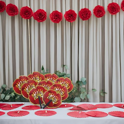 20 Pieces Chinese Rose Paper Fans - color: Red Rose Paper Fans, size: 20 PCS