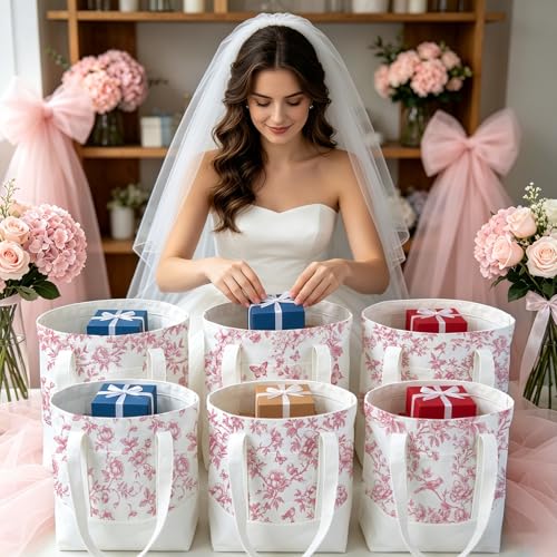 6 Pcs Mini Floral Bow Tote Bags for Women White Canvas Tote Bag Bulk Reusable Coquette Bags for Wedding Party Favor - color: Pink Floral