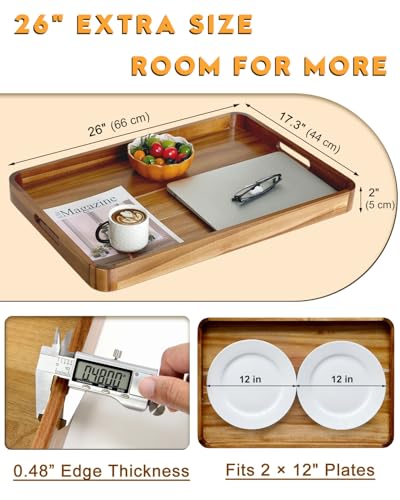 26"x17" Wooden Serving Tray, Acacia Ottoman Tray, Rounded Corners - size: 26" x 17.3" x 2"