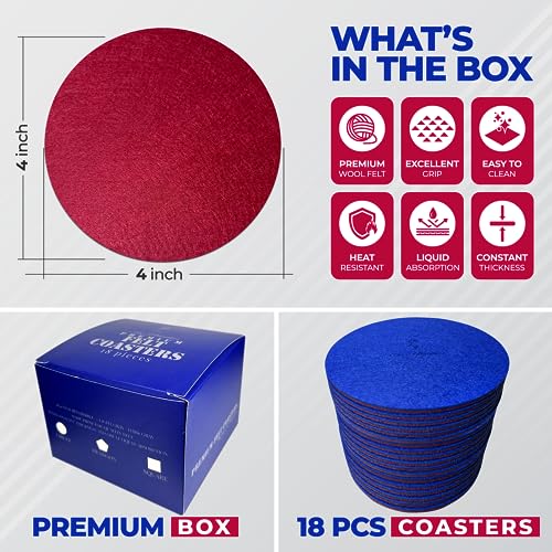 A&A Wonders Premium Felt Coasters for Drink, Two-Tone Reversible, Absorbent Felt Protects Furniture, Table, Anti Slip, Suitable for Drinks & All Table Types (Wine Red/Royal Blue, Circle 18 Pack) - color: Wine Red/Royal Blue, size: Circle 18 Pack