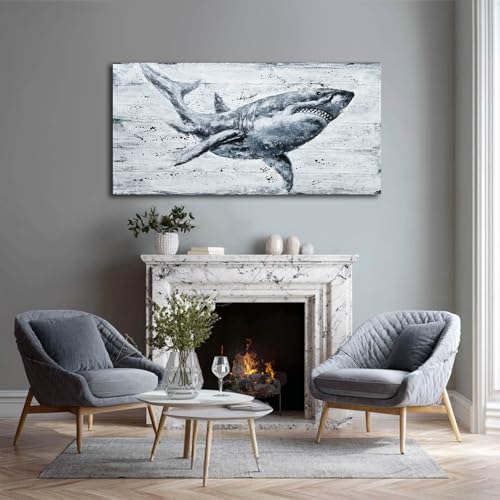 Ocevarin Ocean Animal Canvas Wall Art Large Shark Art Prints Vintage Wall Decor Beach Posters Contemporary Artwork for Living Room Office Home 29x58 Inch - color: Shark, size: 58"L x 29"W