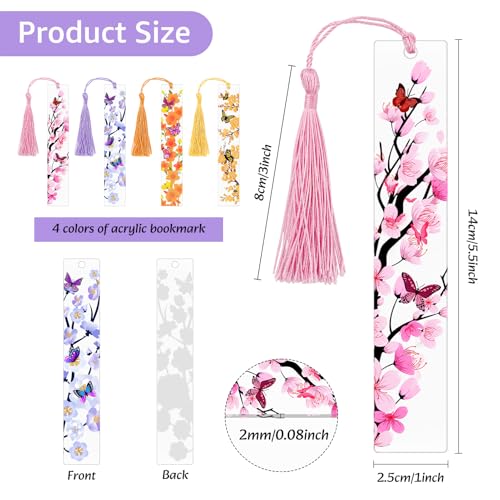 4pcs Pressed Flower Bookmarks, Transparent Acrylic Bookmark with Tassels, Butterfly Flower Theme Book Marks for Reading Women, Cute Book Marking Accessories Gift for Books Lovers(4 Colors) - color: Pink, Light Purple, Orange, Light Gold Yellow