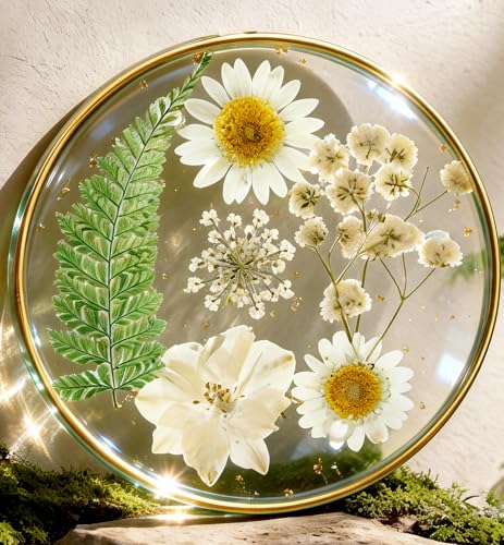 Oqplog Resin Drink Coaster for Desk Coffee Table-White Cute Dried Flowers Cup Coaster for Work Office Home Outdoor Decor Gifts for Girls Women,1 Pcs - color: White