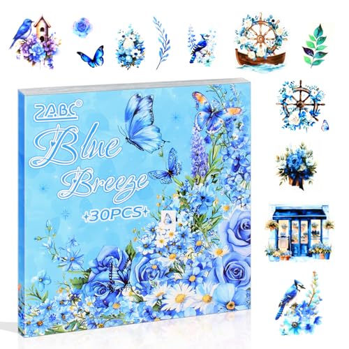30 Sheets Precut Blue Flower Garden Landscape Stickers Book for Junk Journal Supplies, Transparent PET Stickers for Journaling, Scrapbooking, Bujo, Collage, Card Making - color: The Blue Breezy