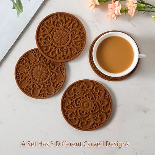 Colinda Silicone Coasters - Set of 6 with Holder, Non-Slip Cup Mats for Hot and Cold Drinks, Decorative Designs, Gift Ready Packaging,Brown - color: Brown