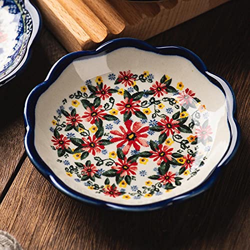 Sizikato 4pcs Porcelain Appetizer Plate, 4-Inch Snack Plate Sauce Dipping Saucer, Exotic Flower Pattern - color: 4 colors
