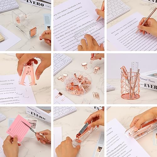 EOOUT Rose Gold Desk Accessories, Office Supplies and Accessories Set, Acrylic Stapler Set, Staple Remover, Phone Holder, Pen Holder, Scissor, Ruler, Transparent Tape - color: Rose Gold