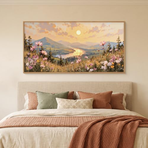 LHIUEM Large Boho Sunset Wildflower Framed Canvas Wall Art,Nature Pink Flower Wall Decor,Blossom Botanical Mountain Landscape Artwork for Living Room,Bedroom,Dining Room,Office-20 x40 x1 - color: Boho Sunset Wildflower Wall Art, size: 40"L x 20"W