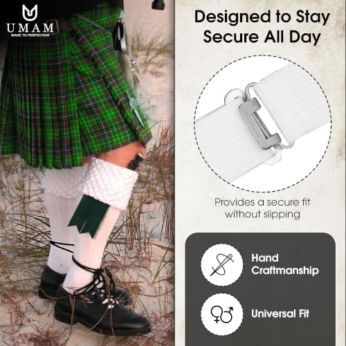 Kilt Flashes for Men with Heavy Buckle Adjusters, Plain & Tartan Kilt Sock Flashes. - color: Green Plain 030flbu