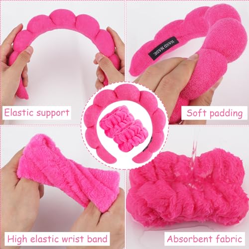 Zkptops Spa Headband for Washing Face Wristband Set Sponge Makeup Skincare Terry Cloth Bubble Soft Get Ready Hairband for Women Girl Puffy Padded Headwear Non Slip Thick Hair Accessory(Hot Pink) - color: YP Hot Pink