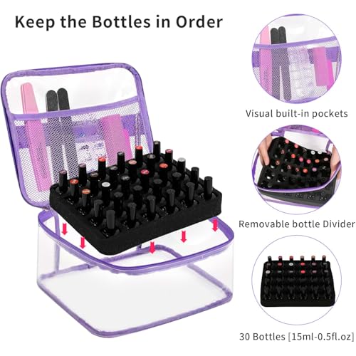 Beloving Nail Polish Organizer Bag Holds 30 Bottles (15ml/0.5 fl.oz) Portable Supplies Organizer Handbag for Manicure Tools, Portable Nail Supplies Kit Organizer Carrying Case (Purple) - color: 3.Purple